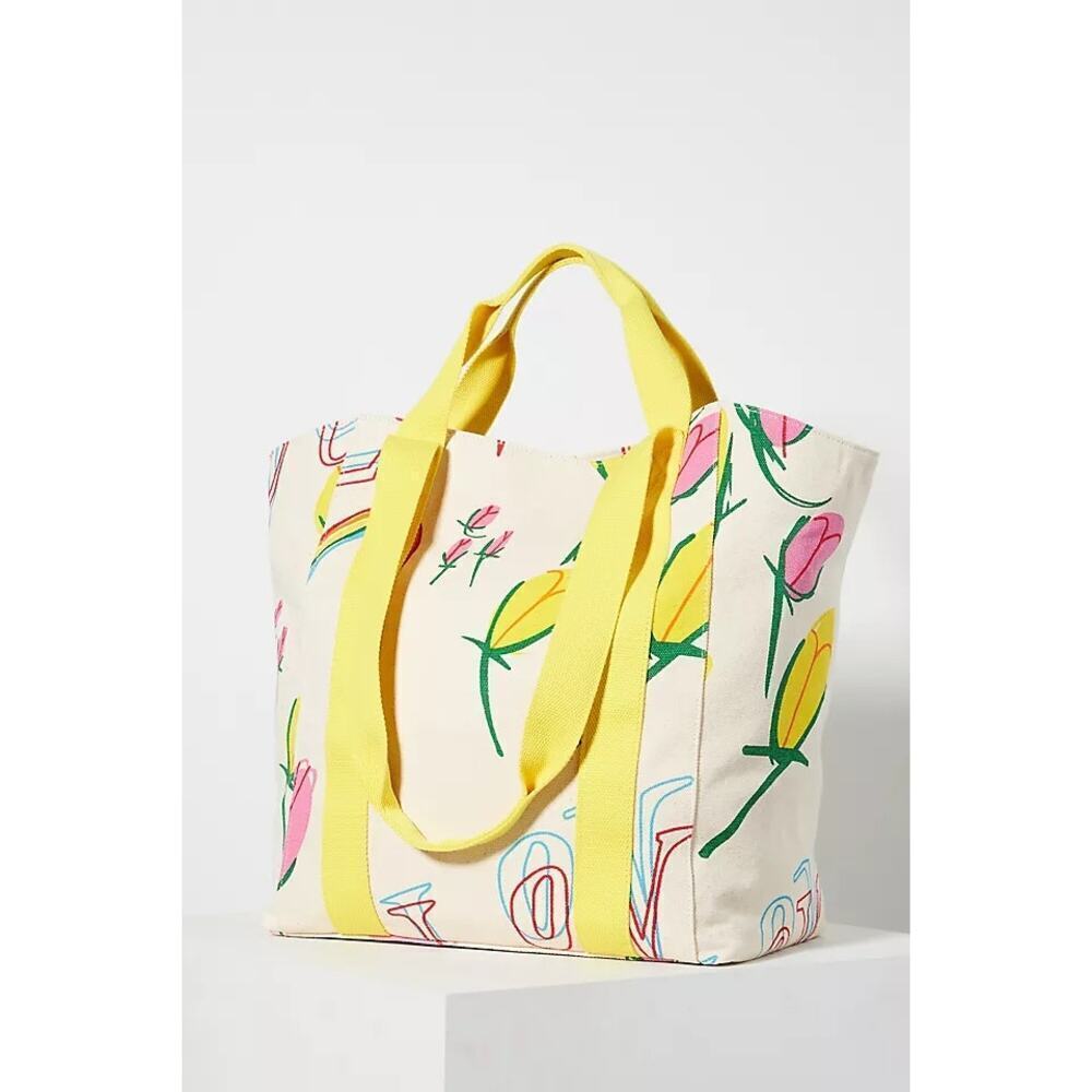 Anthropologie Women's Cream Yellow Cotton Scott Csoke Tulip Tote Bag